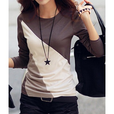Casual Round Collar Long Sleeve Spliced Color Block T-shirt For Women coffee black