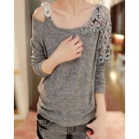 Color Block Long Sleeve One-Shoulder Floral Print Hollow Out Design Pullover Knitwear For Women gray black pink