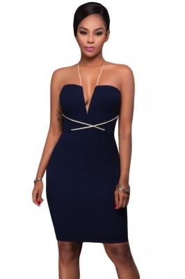 Contrast String Around Navy Bodycon Party Dress
