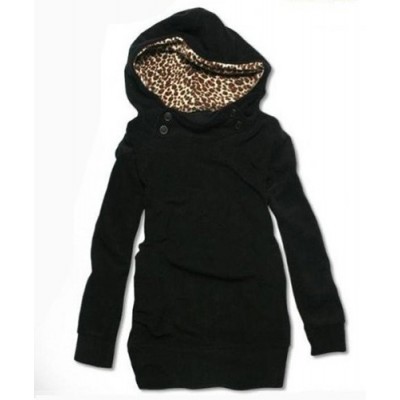 Cute Women's Solid Color Long Sleeve Loose-Fitting Leopard Print Hoodie black white
