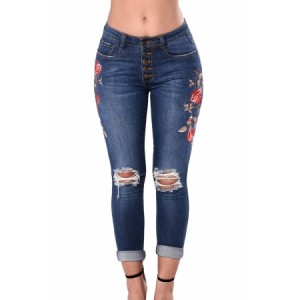 Floral Embroidered Knee Distress Skinny Jeans