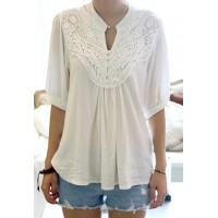 Lace Splicing Crochet Flower 1/2 Sleeve Casual Blouse For Women white