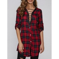Lace Up Plaid Buttoned Shirt Dress Red