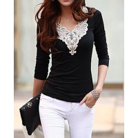 Lacework Splicing Fashionable V-Neck Long Sleeve Women's T-Shirt black white