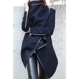 Long Sleeves Solid Color Asymmetric Stylish Wool Coat For Women blue