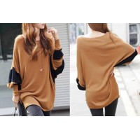 Loose-Fitting Style Bat-Wing Sleeves Scoop Neck Color Block T-shirt For Women brown