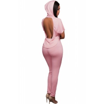 Pink Scoop Back Hooded 2pcs Pant Set White