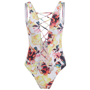 Printed Lace Up Plunge Swimsuit Floral White