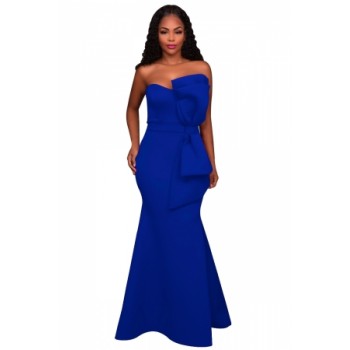 Rosy Oversized Bow Applique Evening Party Gown Blue