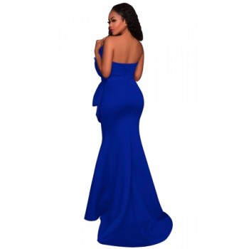Rosy Oversized Bow Applique Evening Party Gown Blue