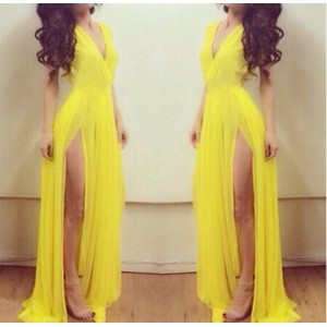 Sexy Plunging Neck Sleeveless Solid Color High-Furcal Chiffon Dress For Women yellow