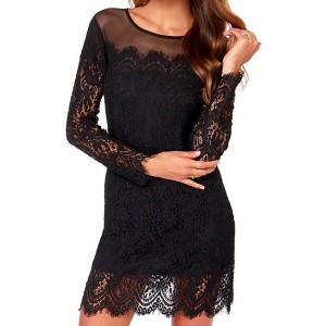 Sexy Round Neck Long Sleeve Solid Color See-Through Dress For Women black