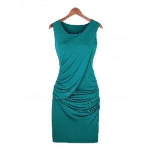 Sexy Scoop Neck Sleeveless Solid Color Draped Club Dress For Women blue black khaki