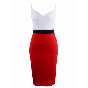 Sexy Spaghetti Strap Sleeveless Low Cut Color Block Dress For Women red green