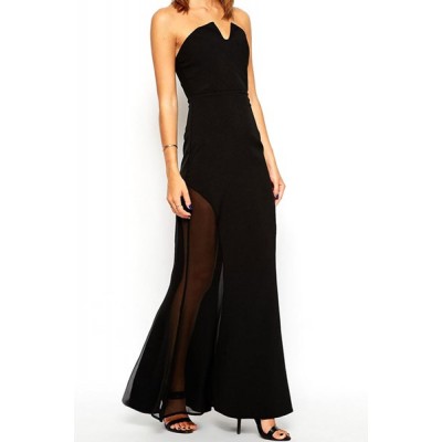 Sexy Strapless Sleeveless Spliced See-Through Slimming Dress For Women black
