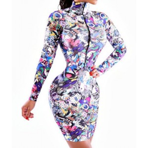 Sexy Turtle Neck Long Sleeve Printed Zippered Dress For Women