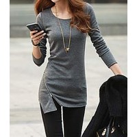 Simple Style Solid Color Zipper Embellished Cotton Slimming Long Sleeve T-shirt For Women gray black green