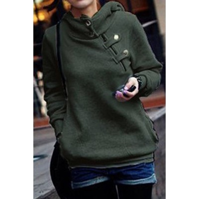 Solid Color Long Sleeve Pockets Design Loose Hoodie For Women green gray