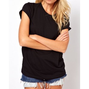 Stylish Hollow Out Back Round Collar Short Sleeve T-Shirt For Women black white