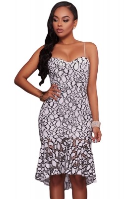 White Black Embroidery Lace Mermaid Midi Party Dress