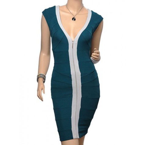 Color Block Casual V-Neck Zipper Design Packet Buttock Bandage Dress ...