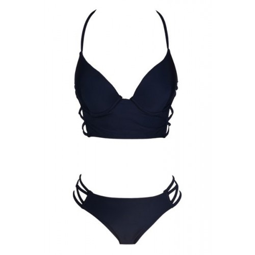 Hollow Out Design Solid Color Sleeveless V-Neck Halter Bikini Swimwear ...