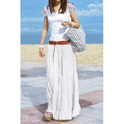 Bohemian Solid Color Loose Fit Long Style Pleated Boho Skirt For Women White Black