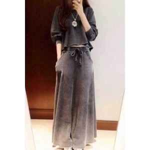 Casual Round Collar Drawstring Pockets Design Solid Color Twinset For Women Gray White