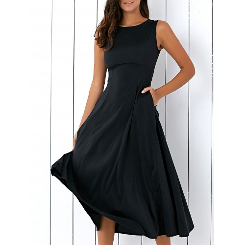 Casual Round Neck Sleeveless Loose Fitting Women s Midi Dress (Casual ...