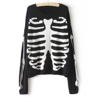Casual Women's Round Neck Skull Print Long Sleeve Knitted Sweater black