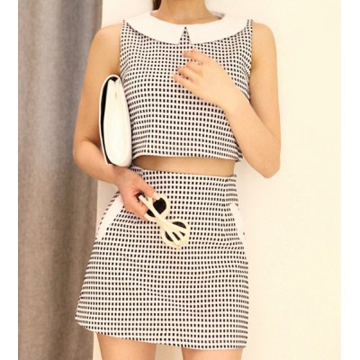 Checked Peter Pan Collar Sleeveless Slimming Suit For Women