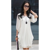 Chiffon Scoop Neck 3/4 Sleeves Fairy Style Solid Color Dress For Women