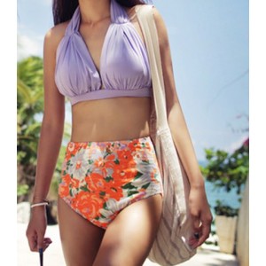 Cute Women's Halter High-Waisted Floral Print Bikini Set