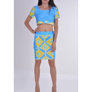 Diamond Check Print Sexy Scoop Collar Crop Top and Packet Buttock Skirt Women's Twinset blue yellow