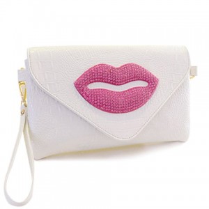 Fashion Women's Shoulder Bag With Lip and Rhinestones Design White