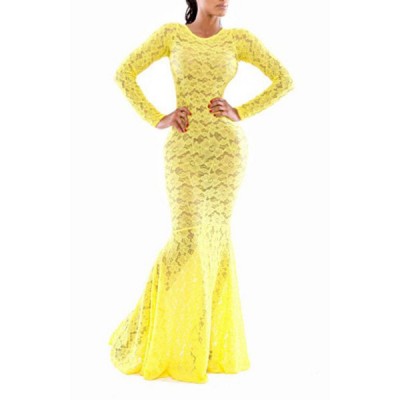 Hollow Out Design Long Sleeve Round Collar Floor-Length Mermaid Dress For Women yellow