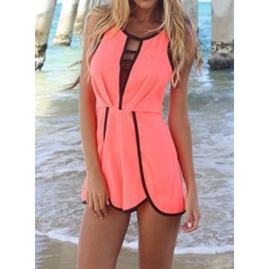 Hollow Out Design Nipped Waist Ruched Sleeveless Round Collar Jumpsuit For Women pink