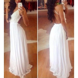 Lace Splicing Sleeveless Backless V-Neck Wide Hem Sexy Style White Dress For Women white