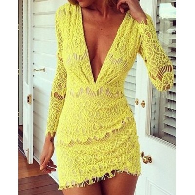 Packet Buttock Sexy Style Plunging Neck Long Sleeve Women's Lace Dress yellow