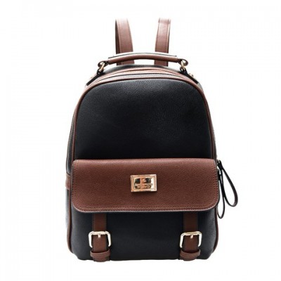 Preppy Women's Satchel With Color Block and PU Leather Design Backpack Black