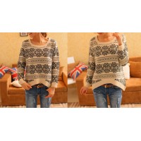 Retro Style Long Sleeves Scoop Neck Acrylic Floral Print Sweater For Women beige red navy
