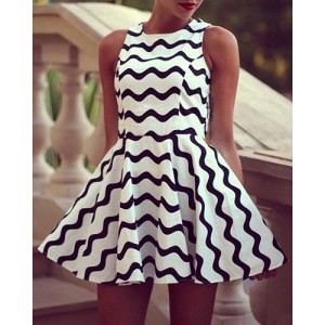 Round Neck Sleeveless Stripe Graphic Wave Cute Dress White Black