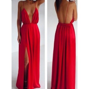 Sexy Backless Sleeveless Plunging Neck Red Color Slit Side Design Spaghetti Strap Dress For Women Red
