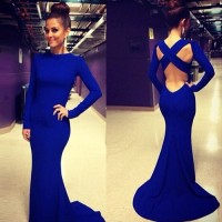 Sexy O Neck Long Sleeves Crossed Backless Blue Trailing Mermaid Bandage Dress For Women blue