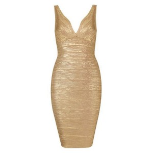 Sexy Plunging Neck Backless Sleeveless Bodycon Dress For Women golden