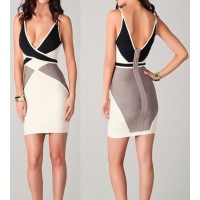 Sexy Plunging Neck Sleevelss Color Block Bodycon Dress For Women Gray Black White