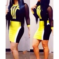 Sexy Round Neck 3/4 Sleeve Color Block Bodycon See-Through Dress For Women yellow black
