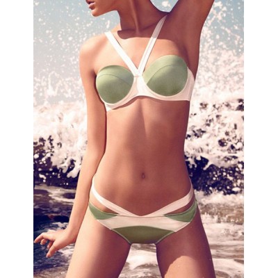 Sexy Women's Color Block Halter Bikini Set Green White