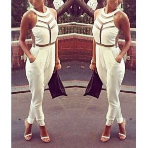 Sexy Women's Jewel Neck Mesh Splicing Jumpsuit white black