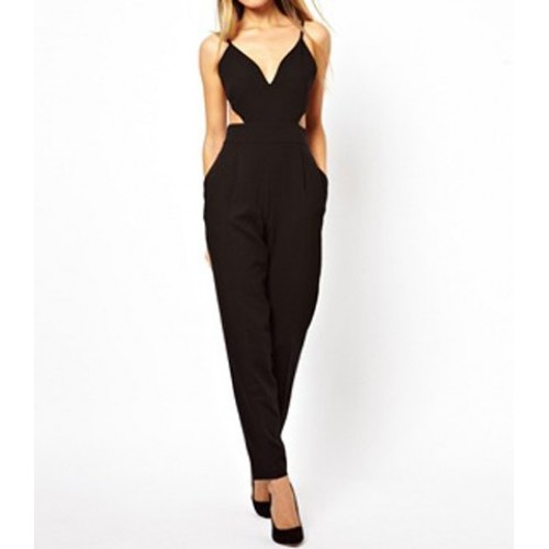Sexy Women s Plunging Neckline Backless Black Jumpsuit black (Sexy ...